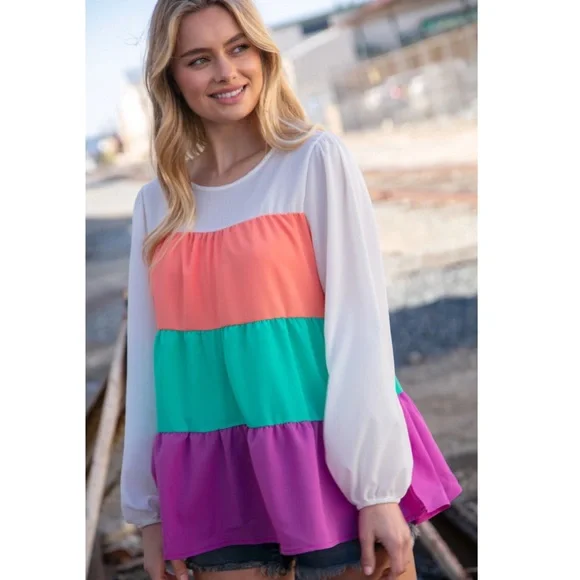 Purple Orange Teal Colorblock Tiered Ruffle Top Oversized Blouse S M L 1X 2X 3X - Picture 6 of 9